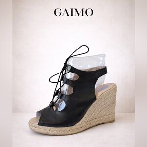 Gaimo “Gossip” Lace-Up Espadrille Wedge Sandals Black Leather Size 7.5 NWOB